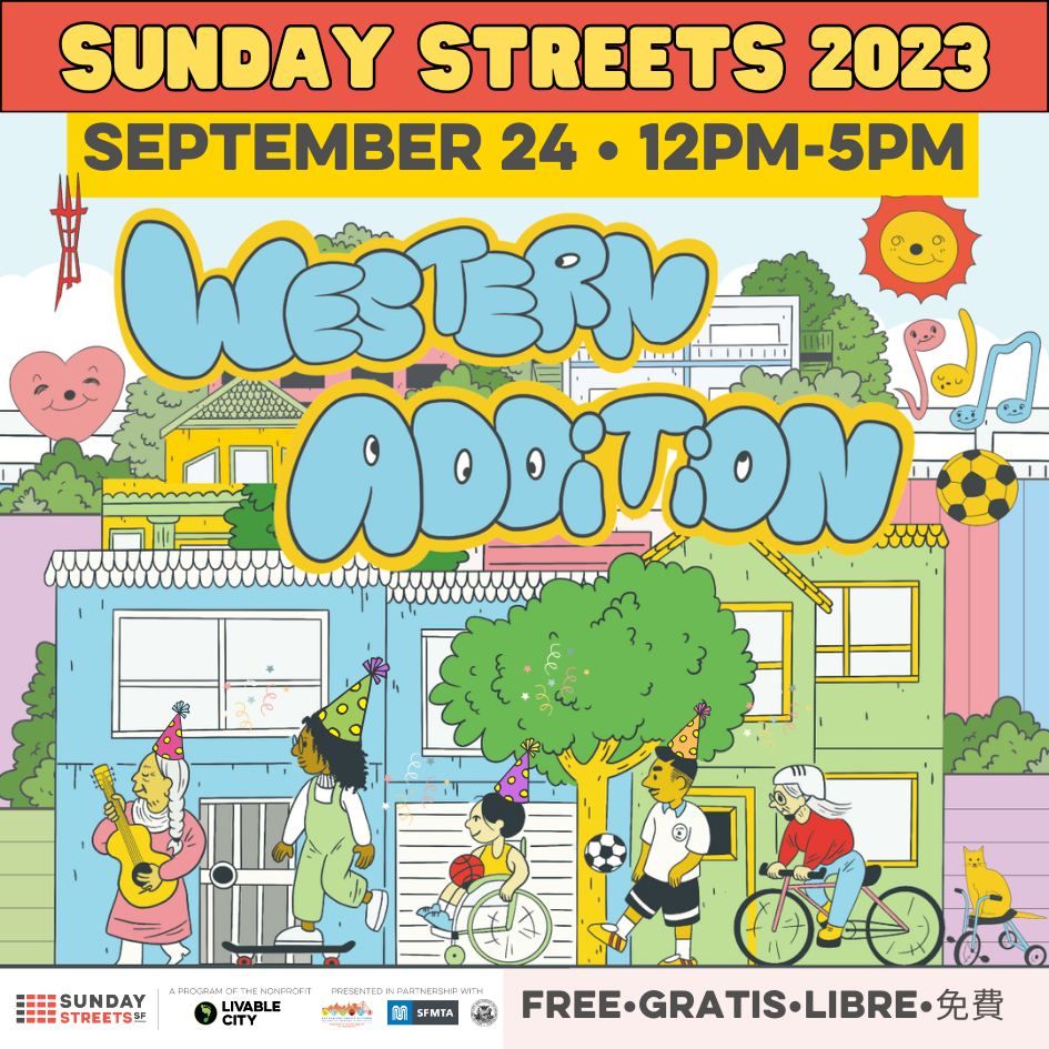 Image shows the season poster of Sunday Streets, featuring human figures on different mobility devices, including skateboard, wheelchair, feet, and bike. The figures wear birthday celebration hats for Sunday Streets 15th anniversary season.