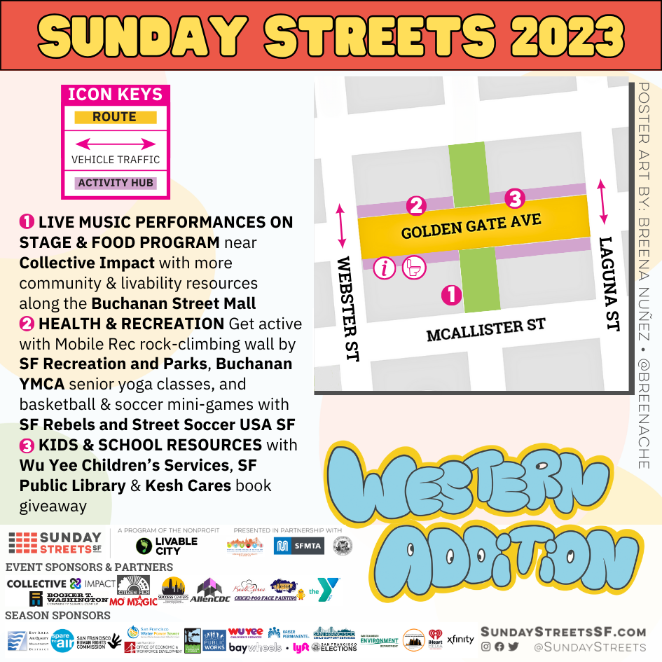 Image shows the Sunday Streets event map and activity highlights